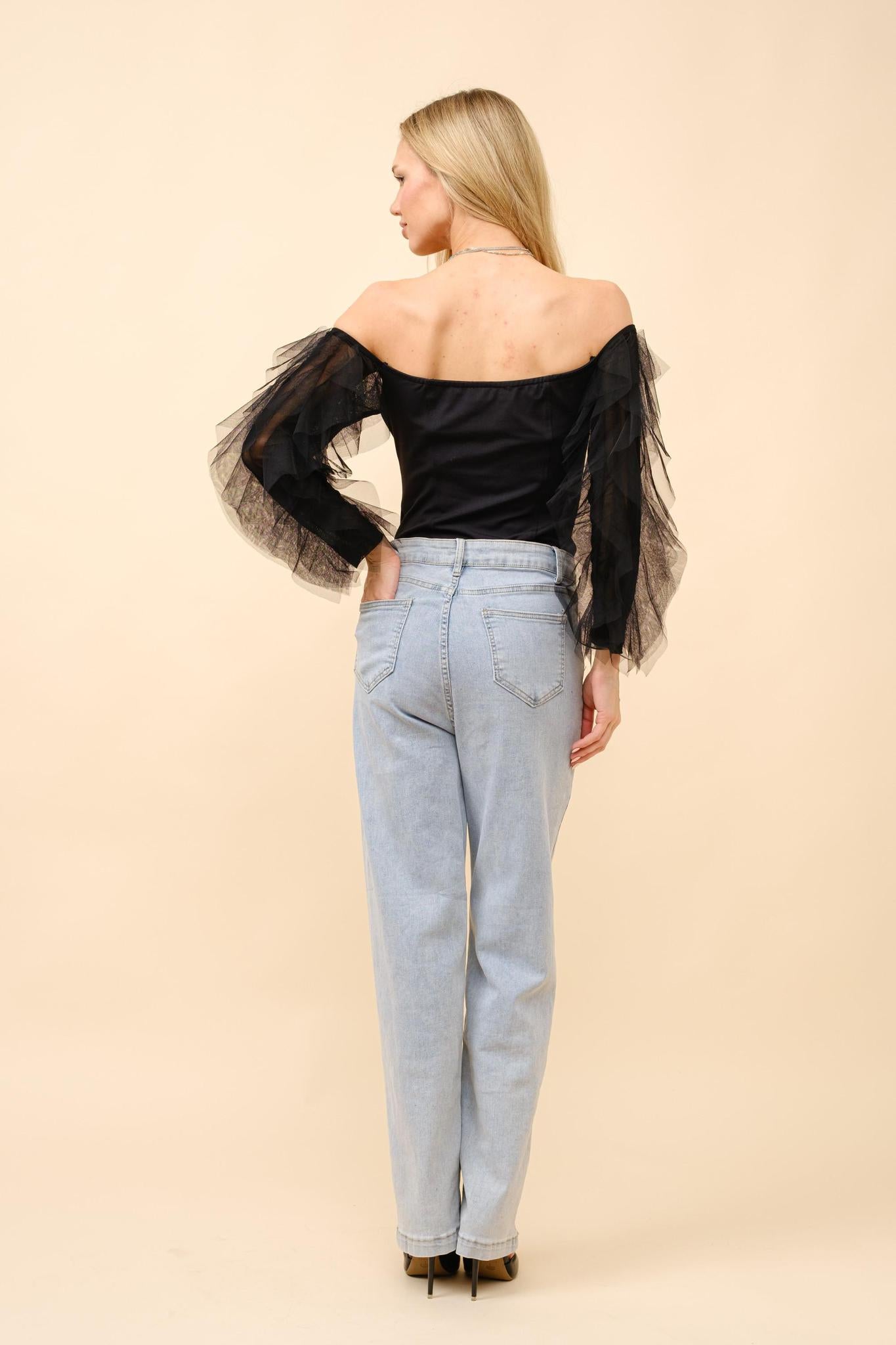 Tulle Ruffle Sleeve V-Wire Bodysuit