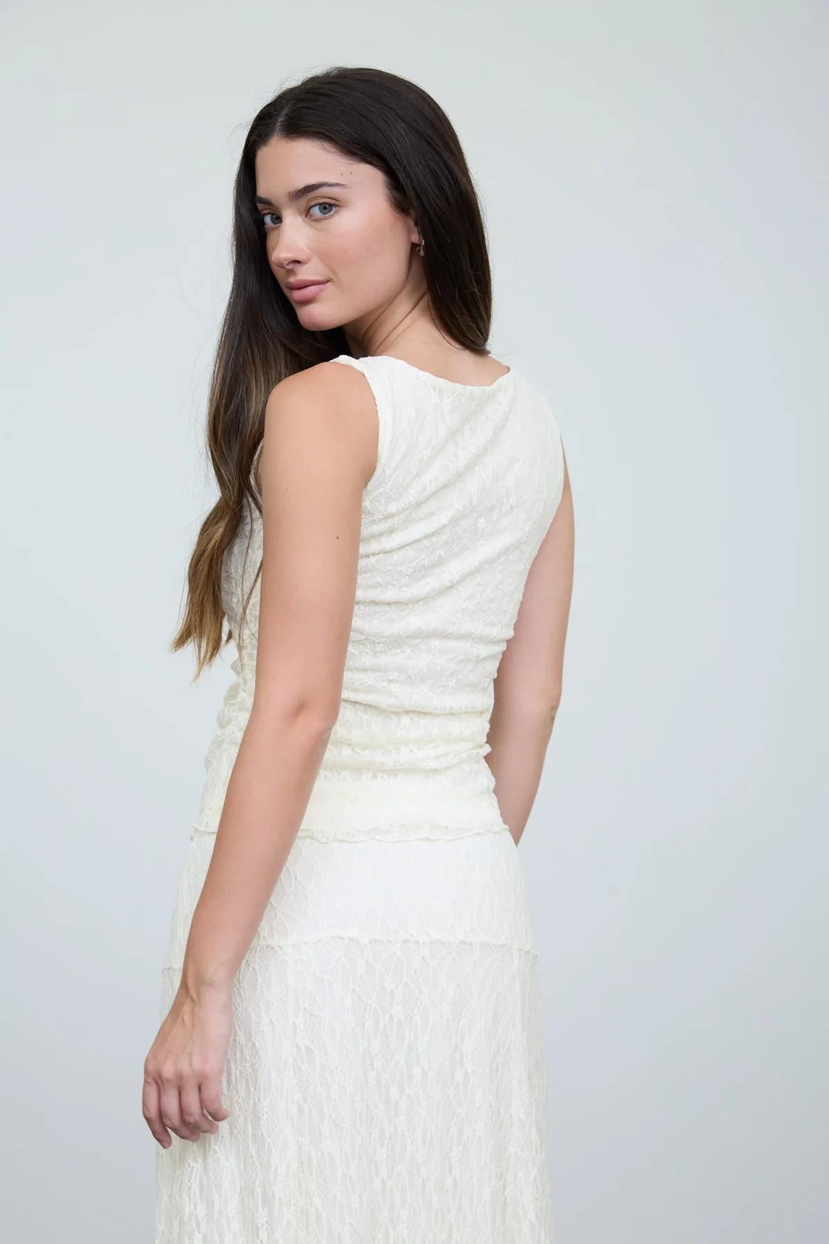 Cream Lace Boatneck Top and Midi Skirt SET