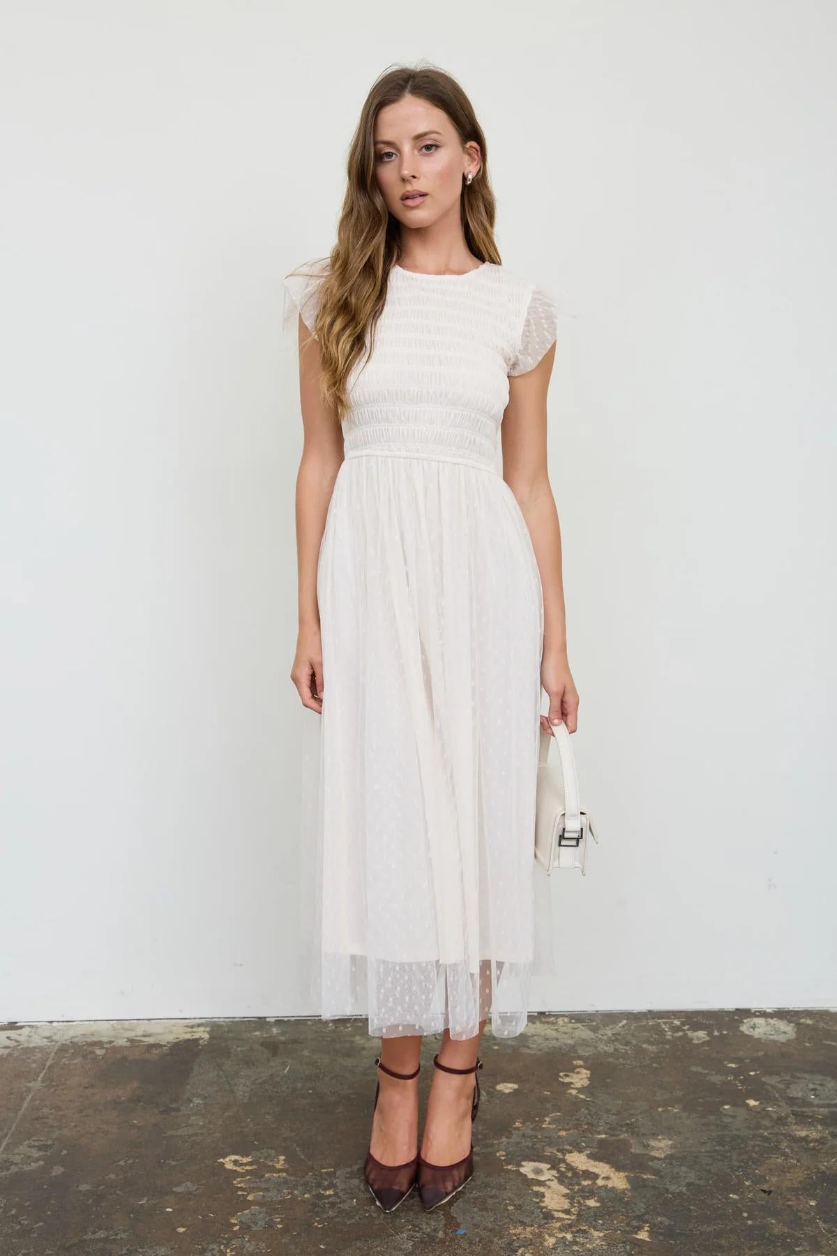 NATURAL POLKA DOT CHIFFON SMOCKED MIDI DRESS