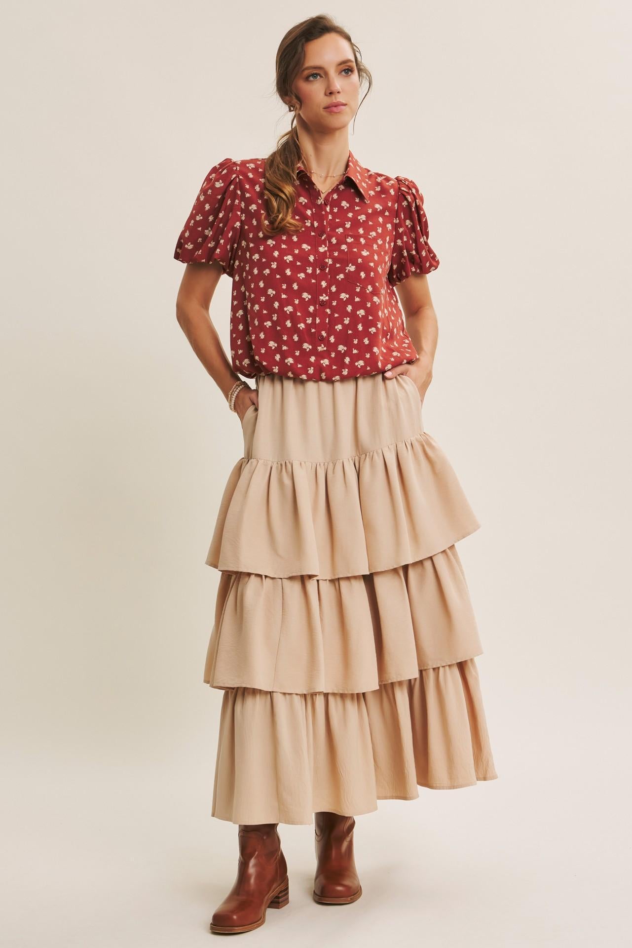 Airy Tiered Ruffle Maxi Skirt With Pockets - Natural