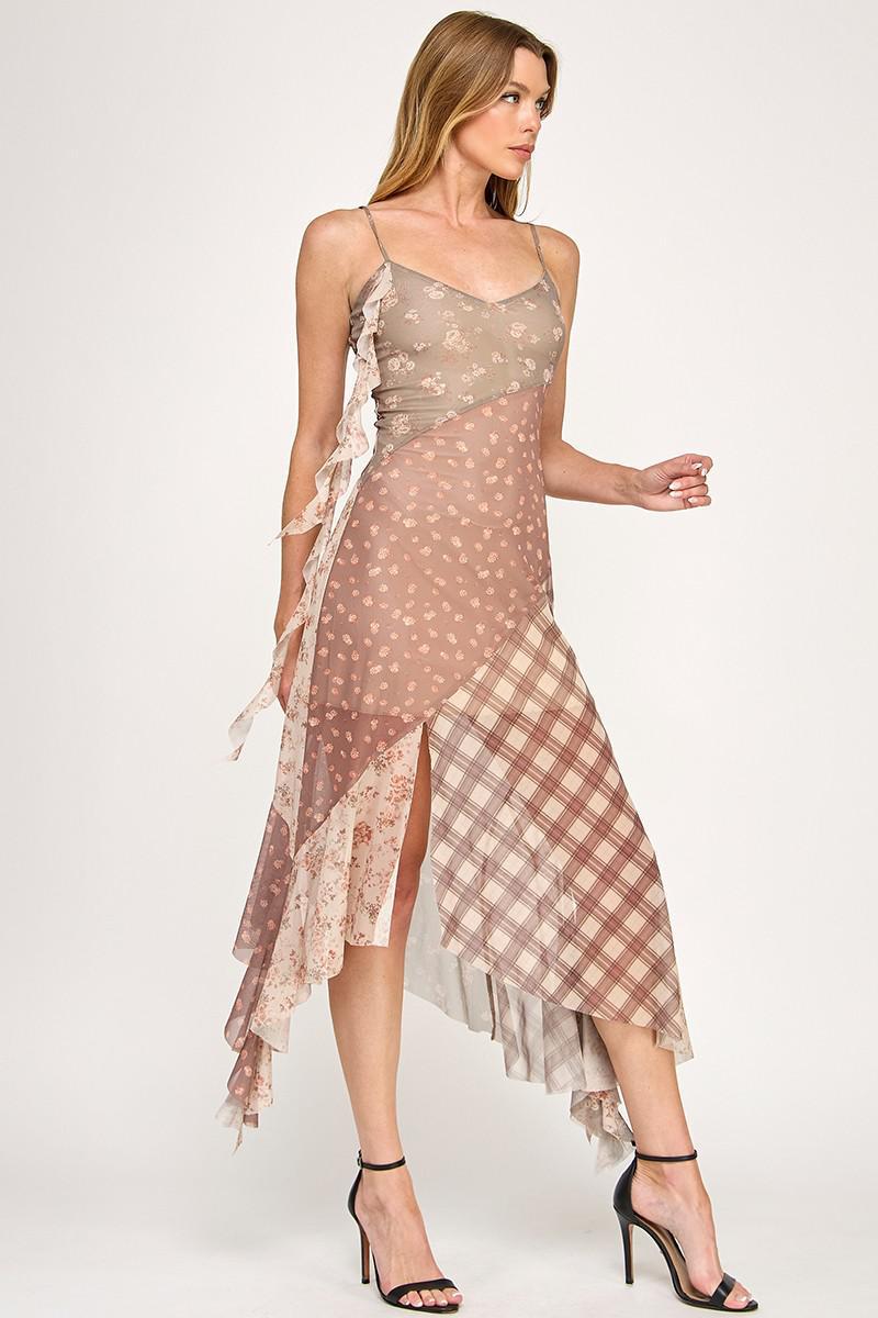 Mesh Flower Check Print Block Ruffle Dress