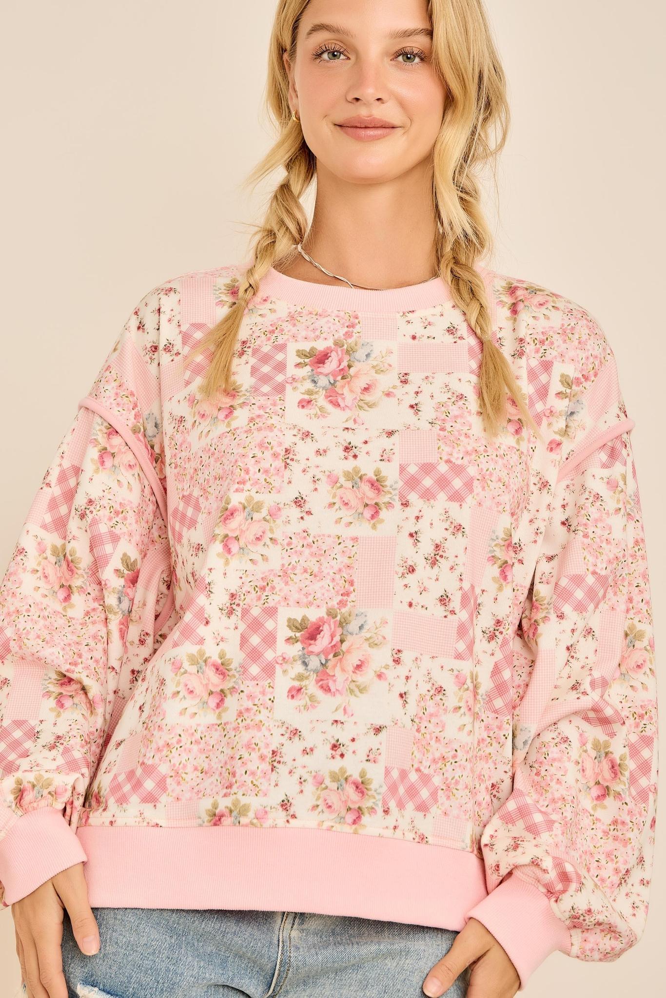 Oversized Patchwork Floral Crewneck Sweatshirt