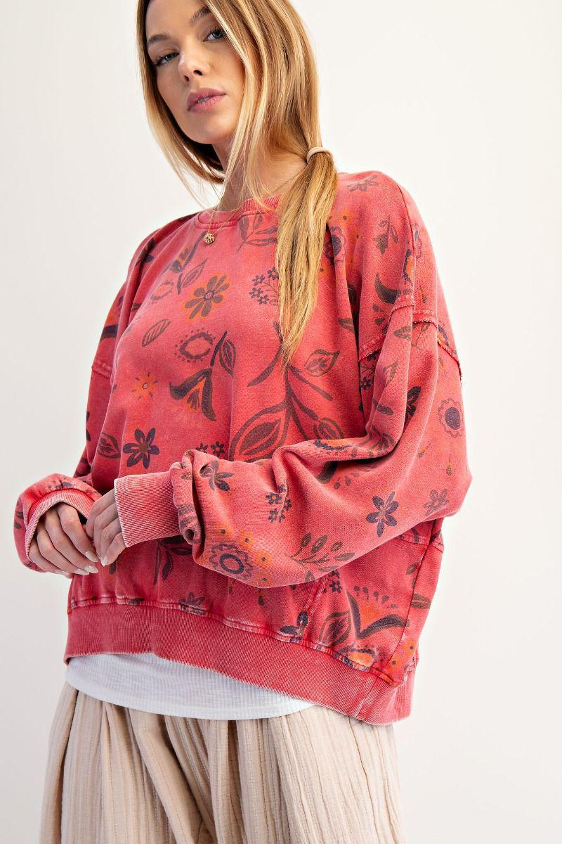 Boho Red Floral Print Pullover