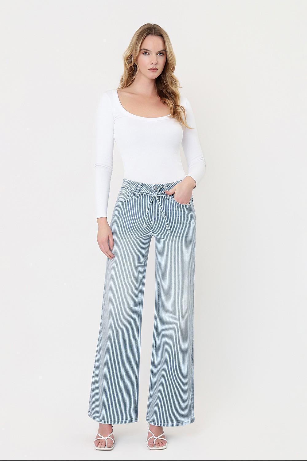 High Rise Waist Tie Striped Wide Leg Jeans