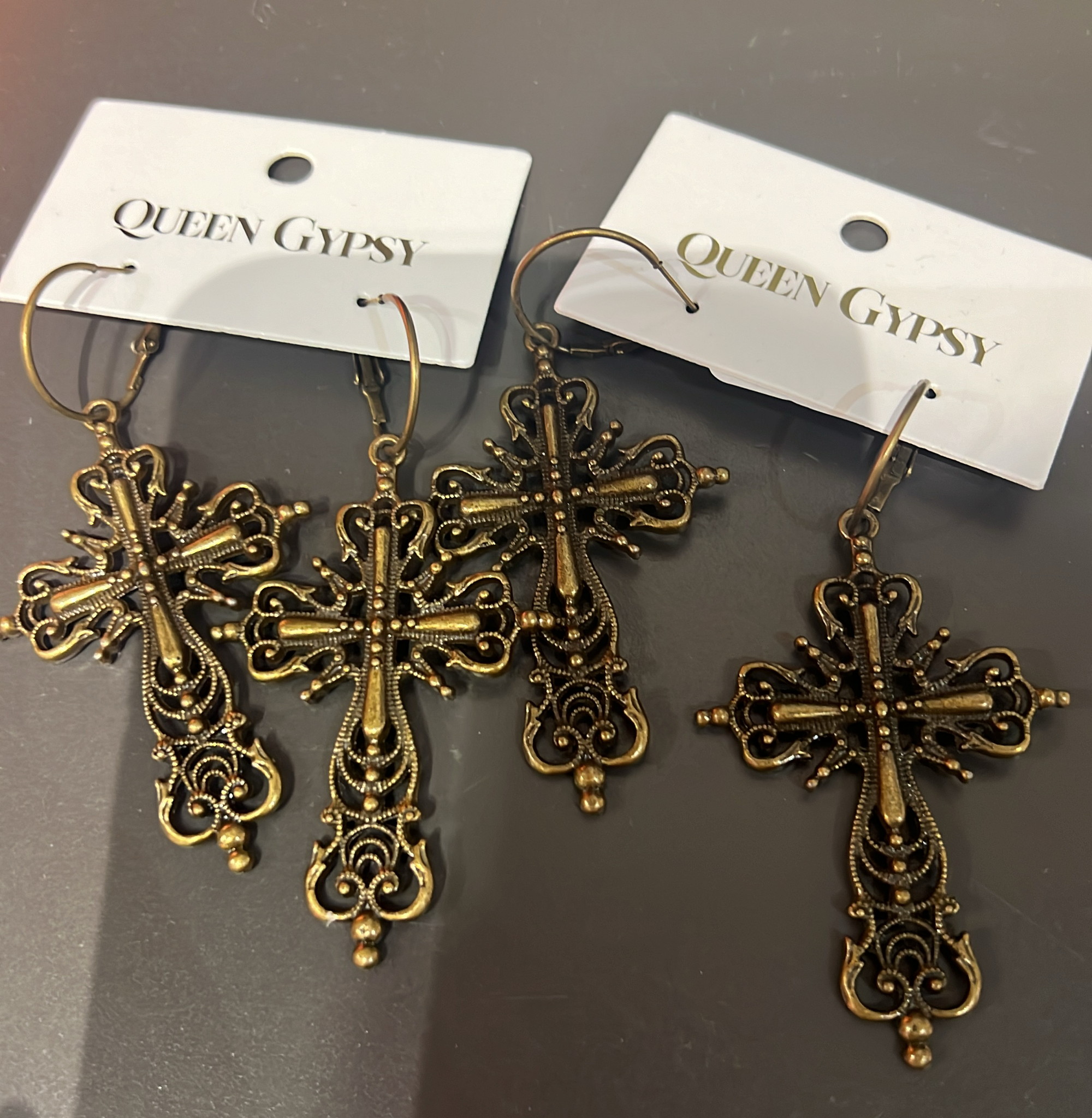 Bronze Cross Hoop Dangle Earrings