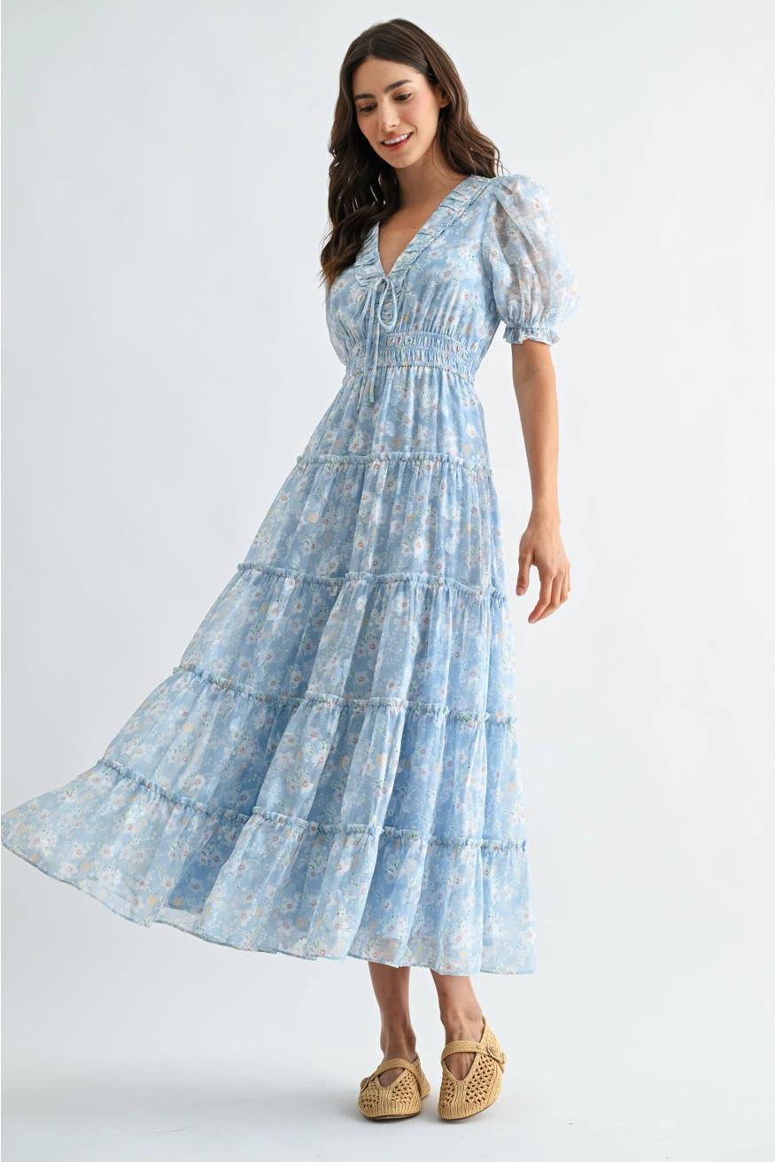 Blue Floral Maxi Dress with Puff Sleeves