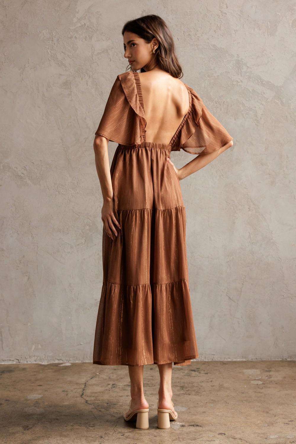 Shimmer Brown Metallic Tiered Midi Dress