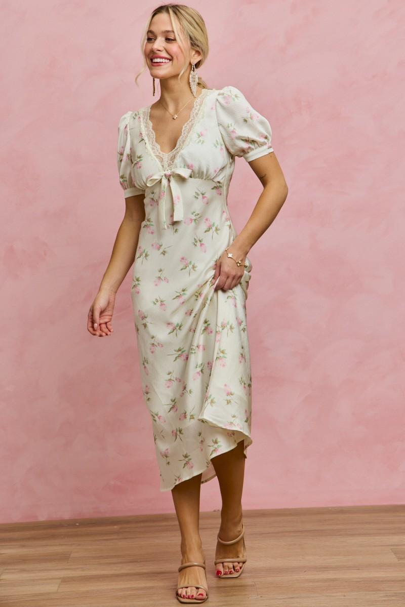 Floral Satin Print Lace Trim Midi Dress