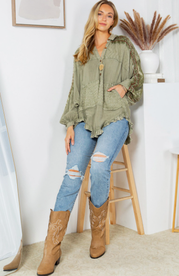Olive Bohemian Stonewashed Rayon Bat Sleeves Top