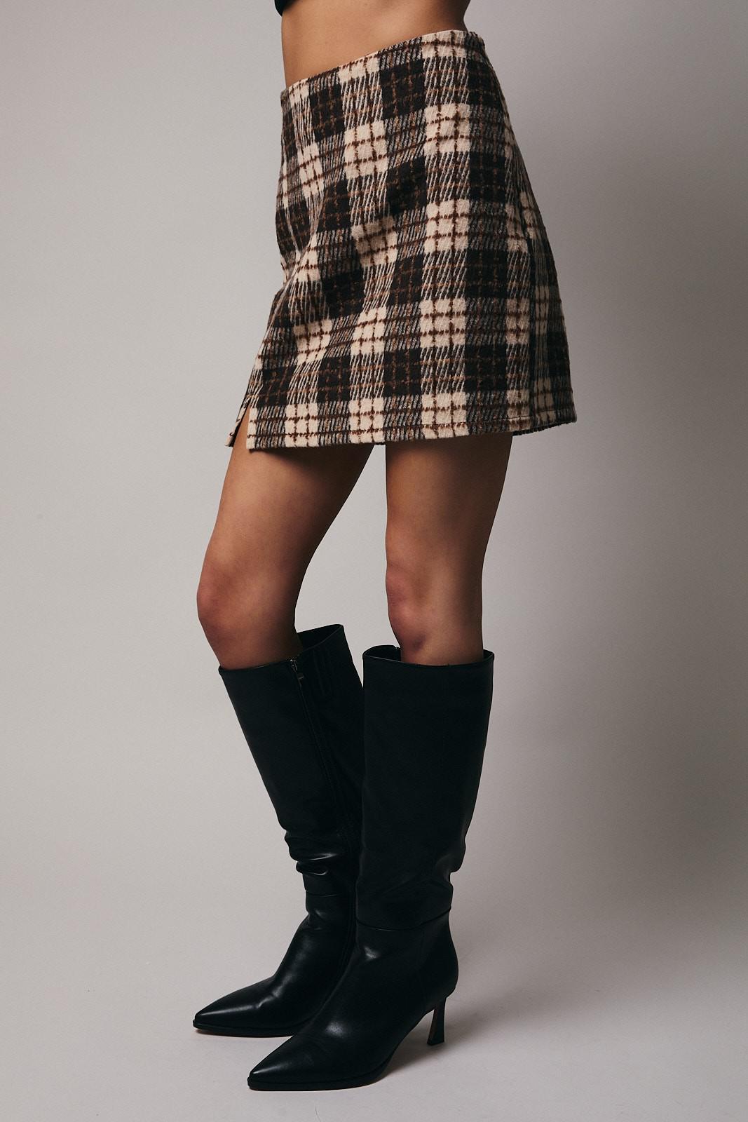 Woolen Plaid Slit Mini Skirt