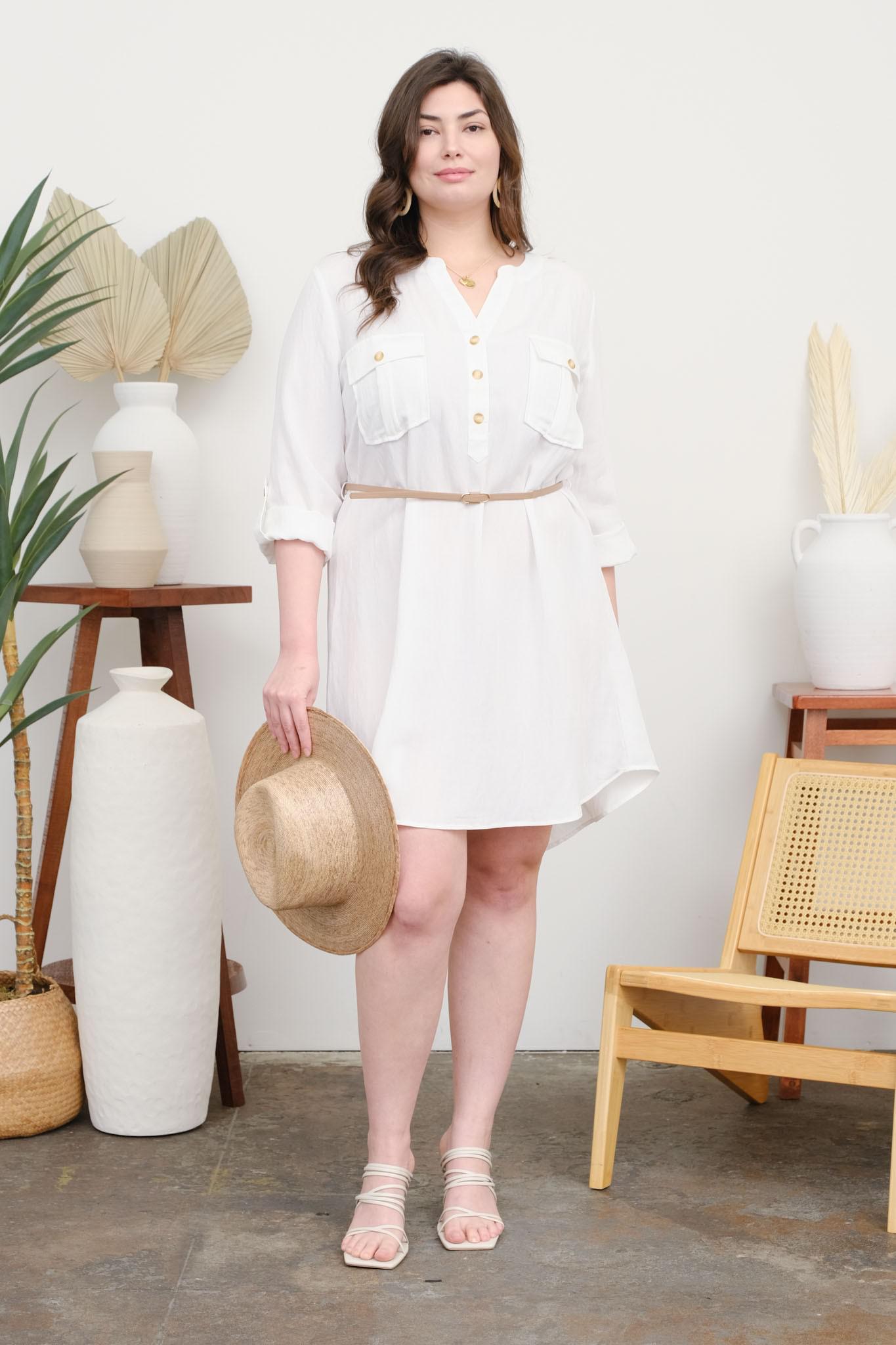 PLUS 3/4 Sleeve Belted Mini Dress