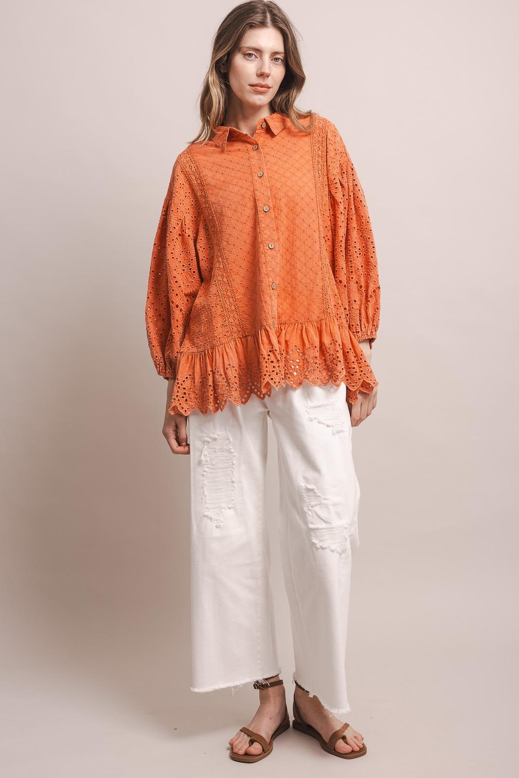 Coral 3/4 Sleeve Balloon Sleeve Eyelet Ruffle Blouse