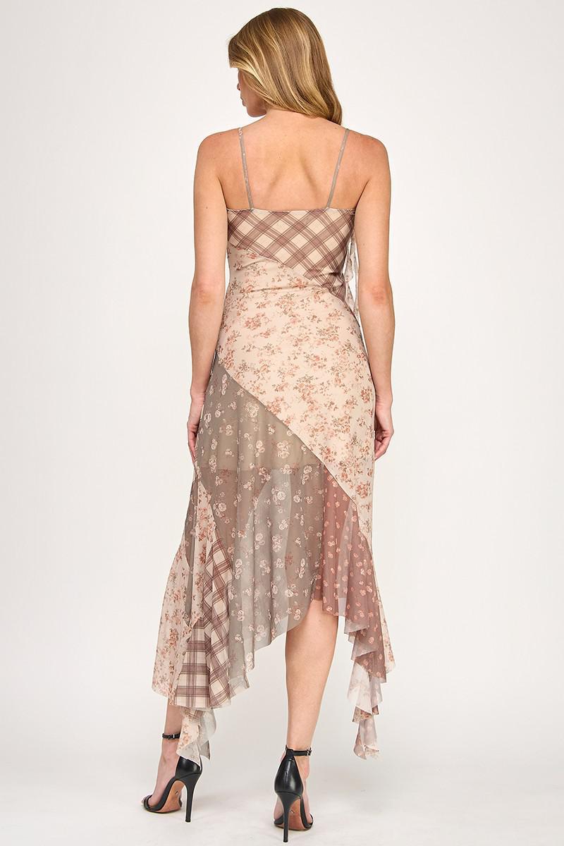 Mesh Flower Check Print Block Ruffle Dress