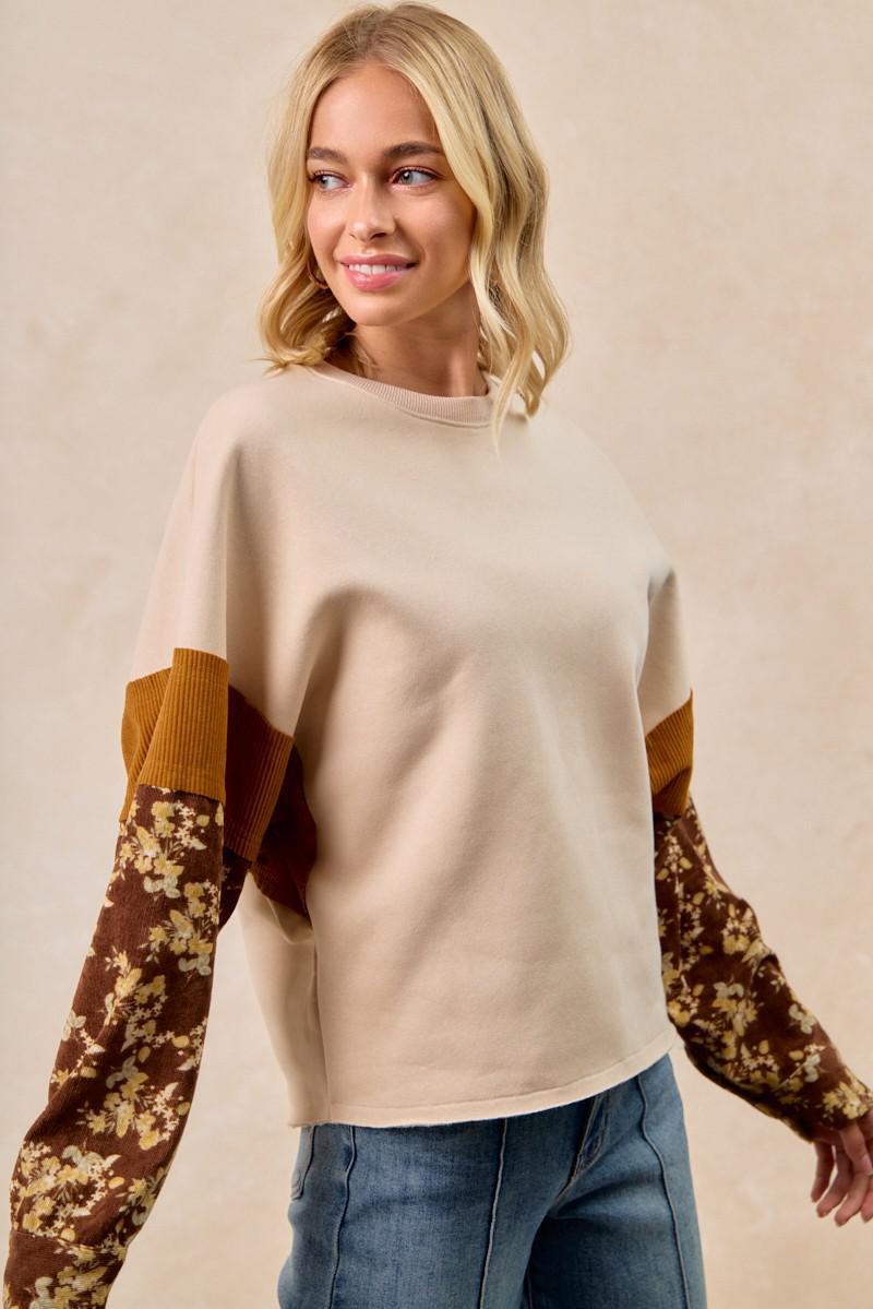 Frenchter With Floral Corduroy Sleeves Top