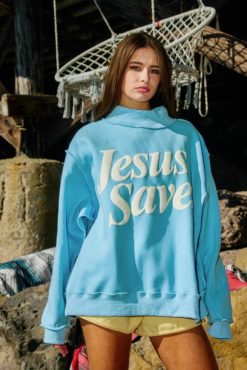 'Jesus Saves' Print Mock Neck Sweatshirt