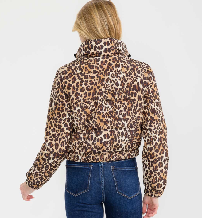 BROWN LEOPARD PRINT PUFFER JACKET