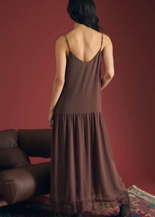 LACE TRIM DROP WAIST SPAGHETTI STRAP MIDI DRESS