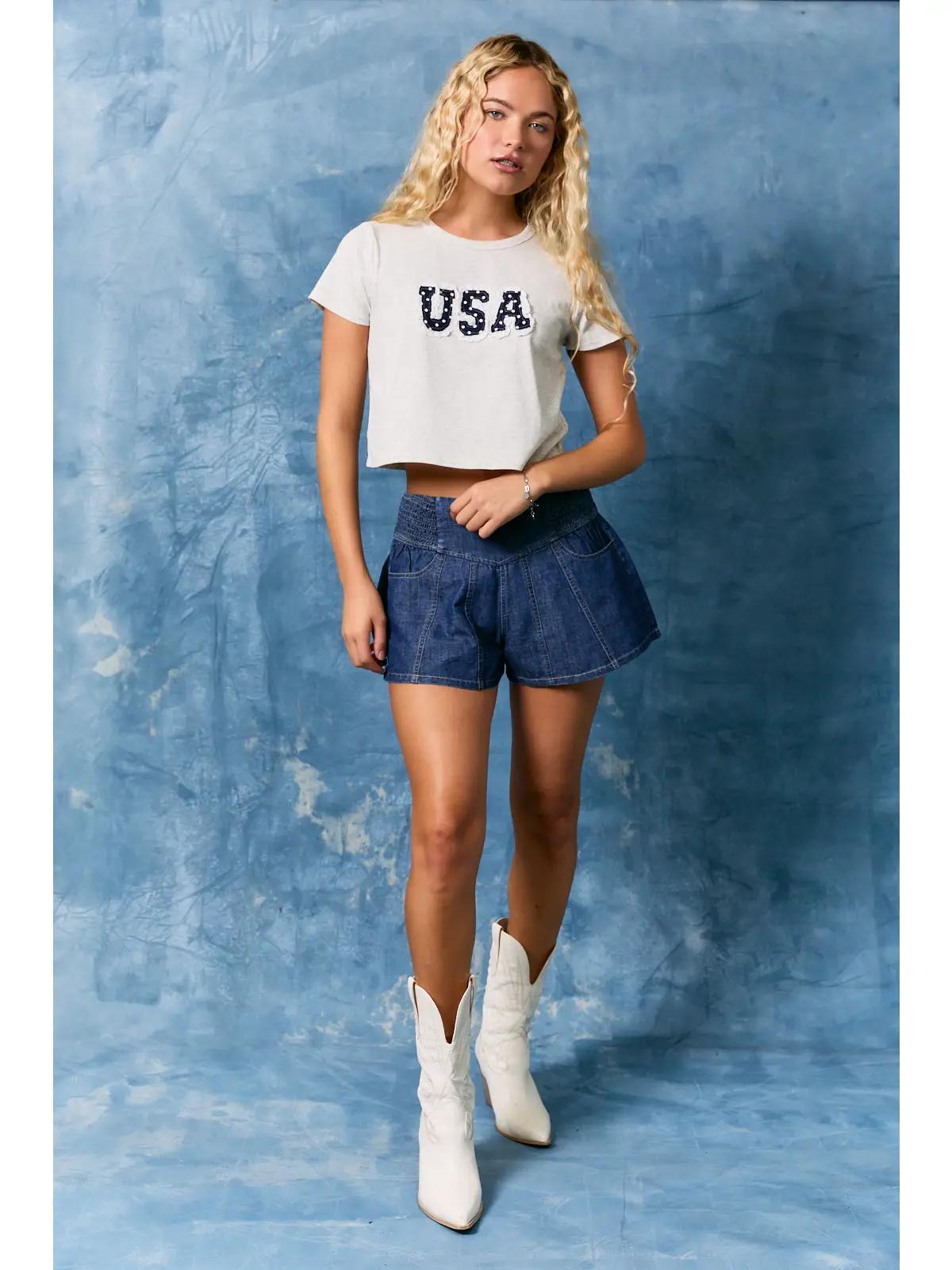 USA Contrast Lace Trim Short Sleeve Round Neck Baby Tee