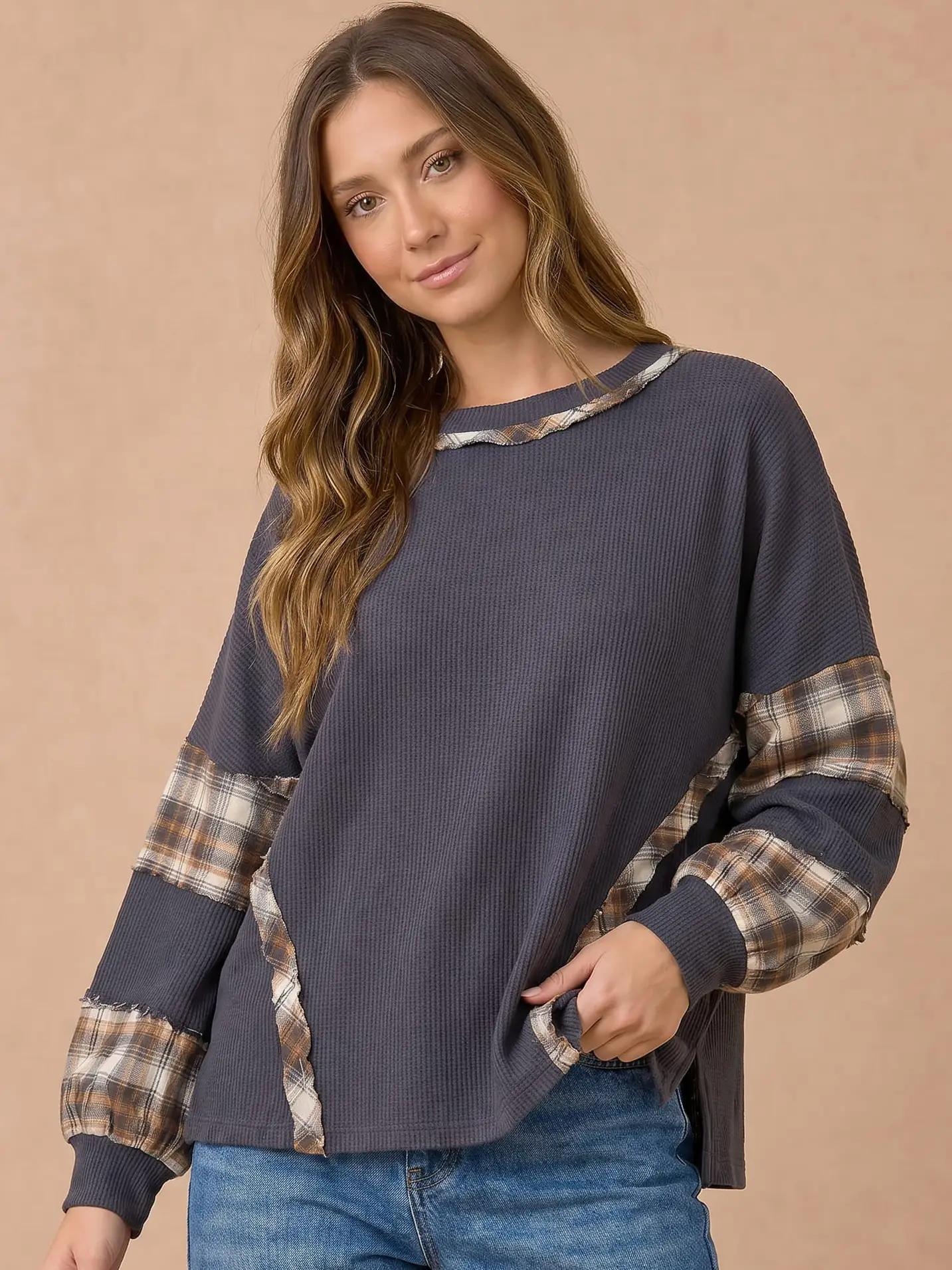 Oversized Plaid Contrast Thermal Knit Top