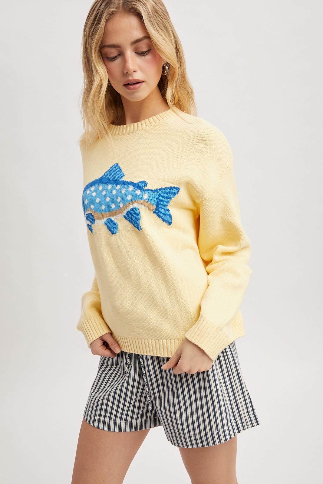 'Fish' Graphic Coastal Crewneck Sweater
