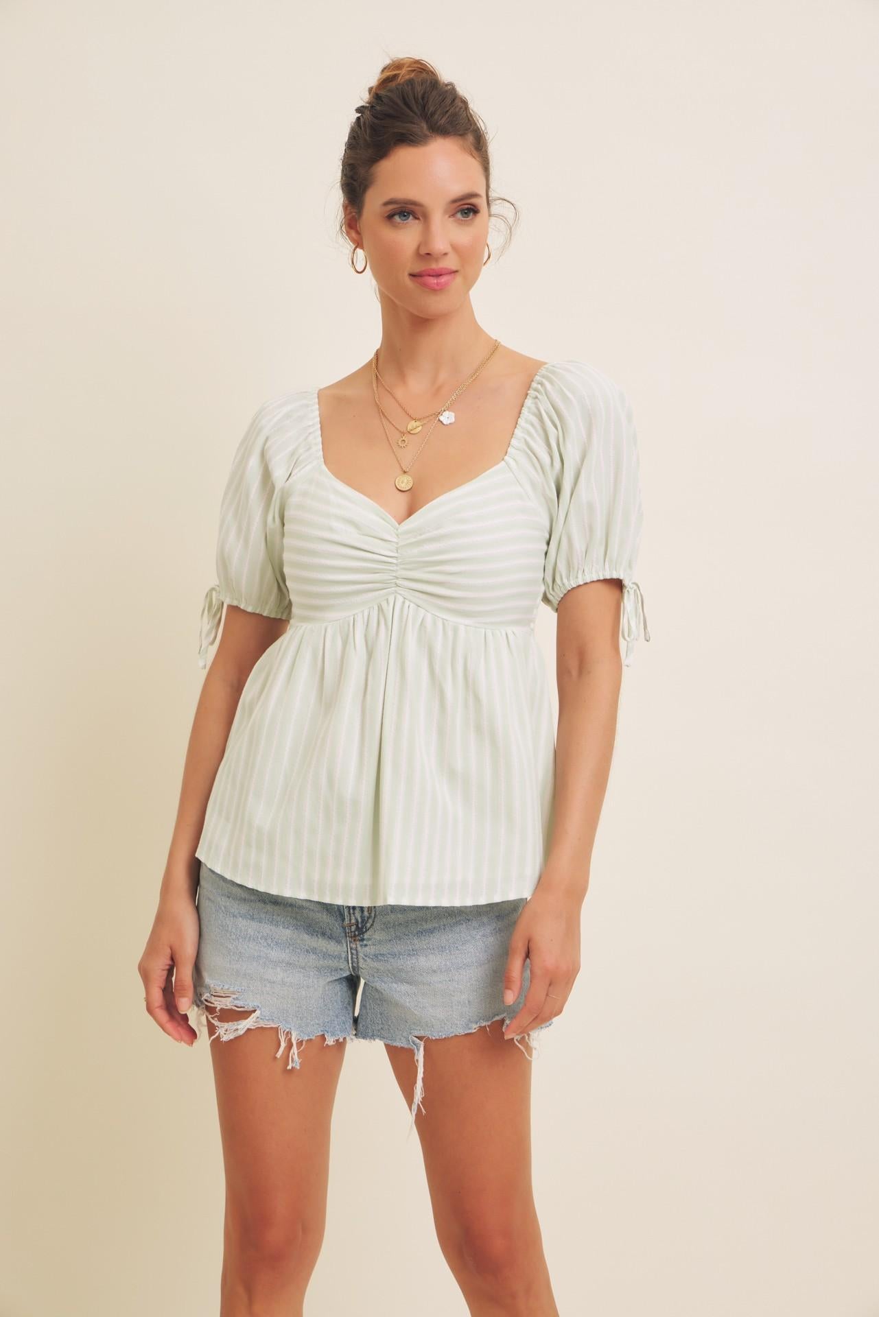 Textured Stripe Babydoll Top With Smocked Back
