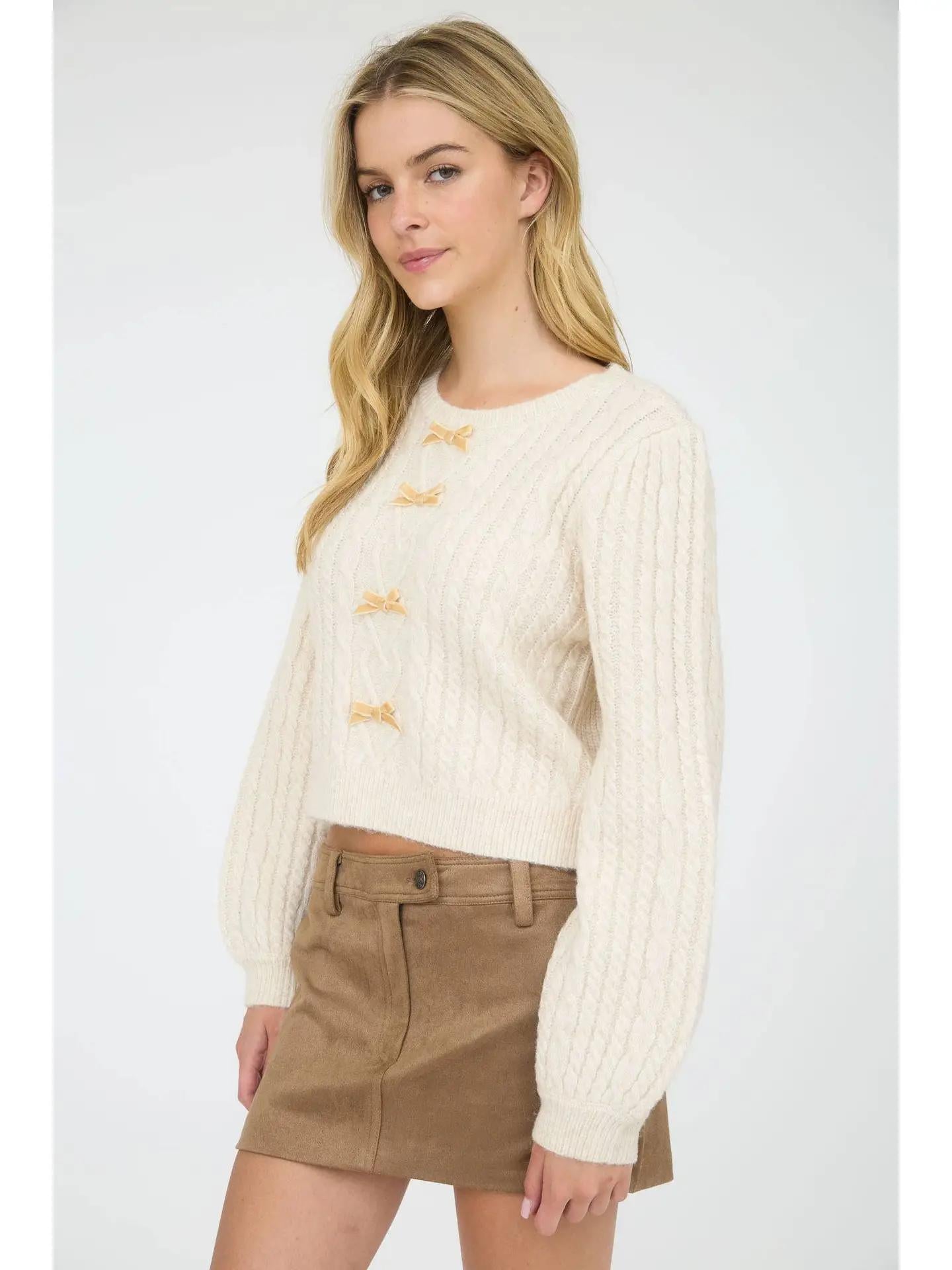 Cable Knit Velvet Bow Knit Sweater