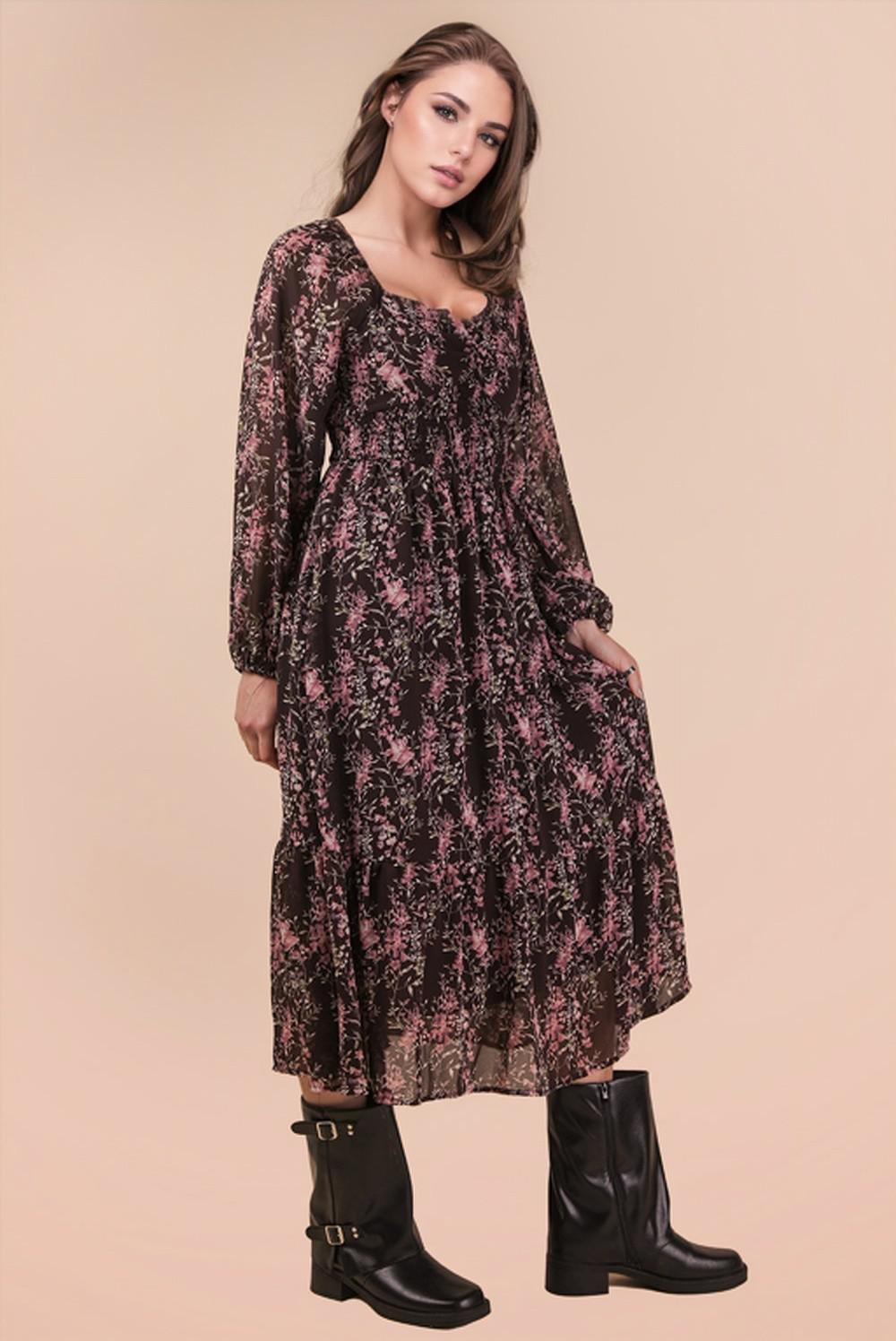 Floral Printed Smocking Torso Midi Dress