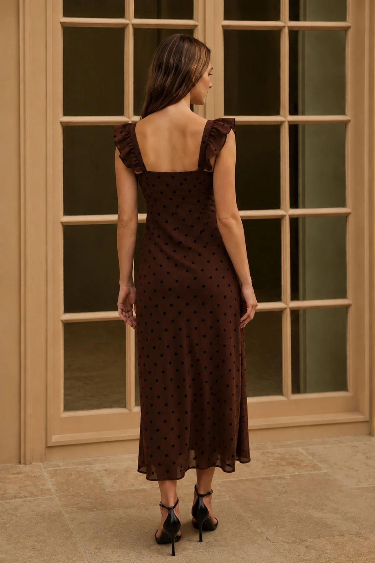 BROWN POLKA DOT FLOCK SWEETHEART MIDI DRESS