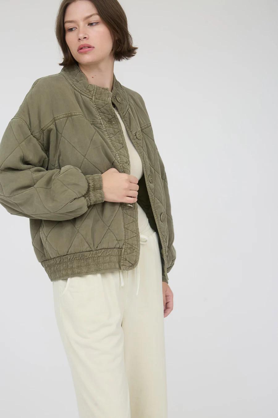 Olive Washed Quilted Button-Down Jacket
