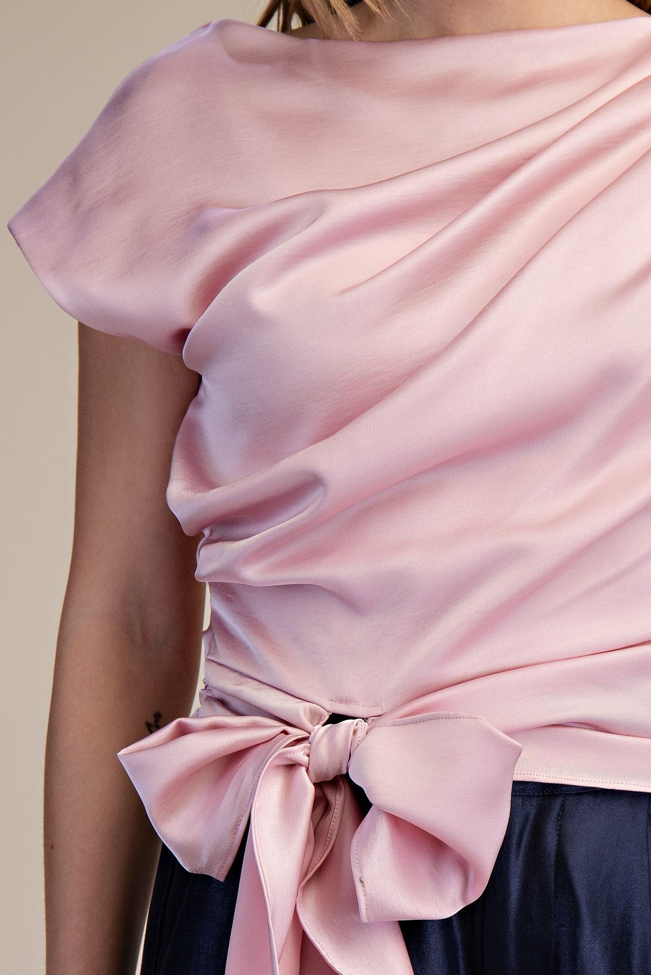 Pink Boat Neck Waist Tie Blouse