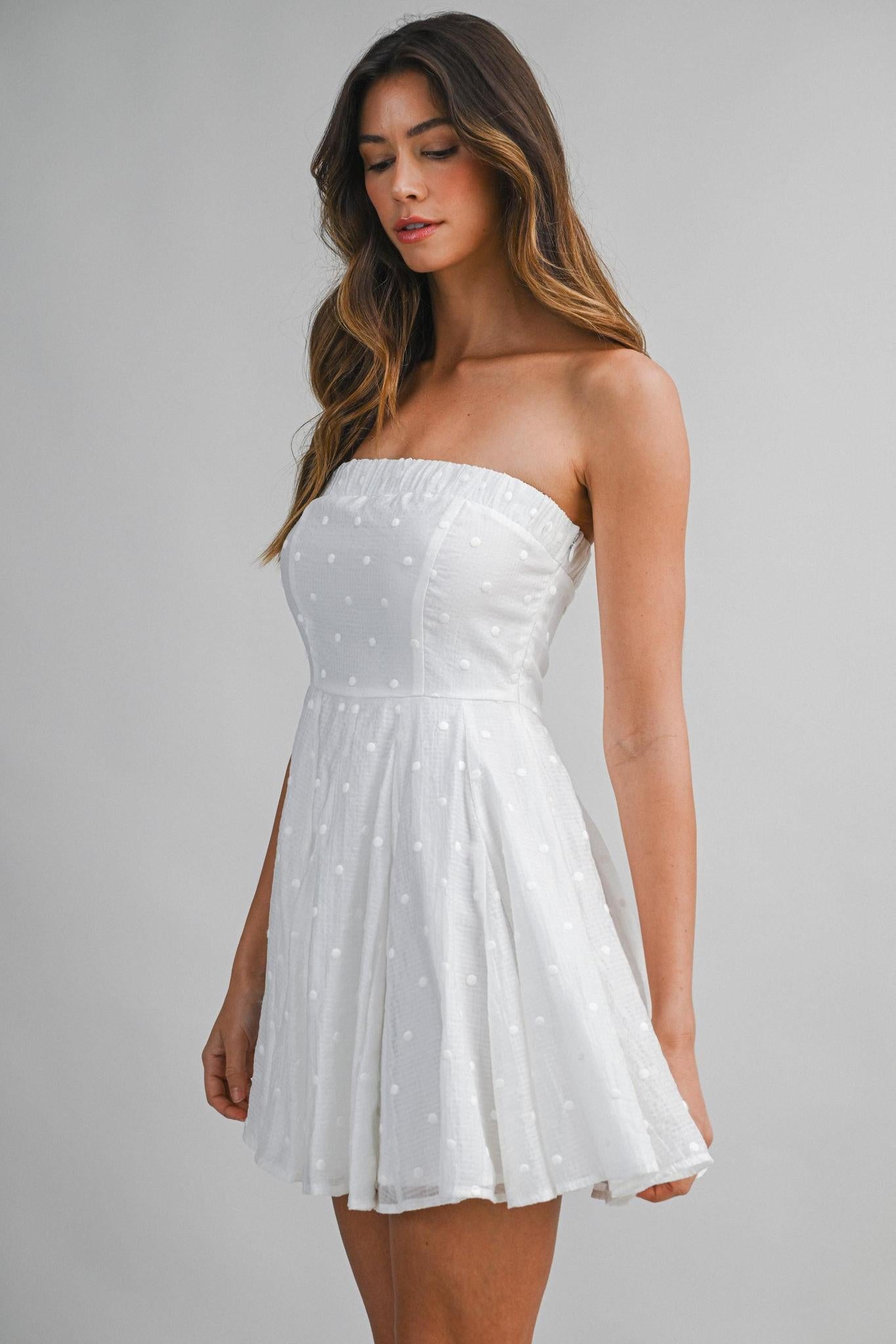 Textured Dot Strapless Flared Skirt Mini Dress