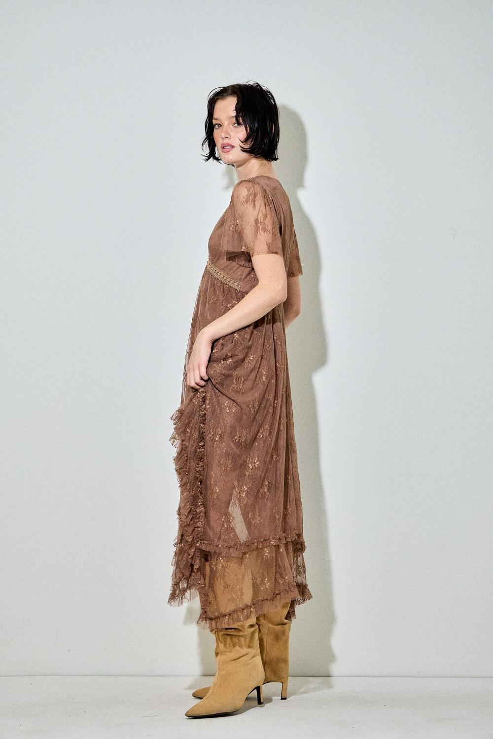 Brown Embellished Lace Hem Dress