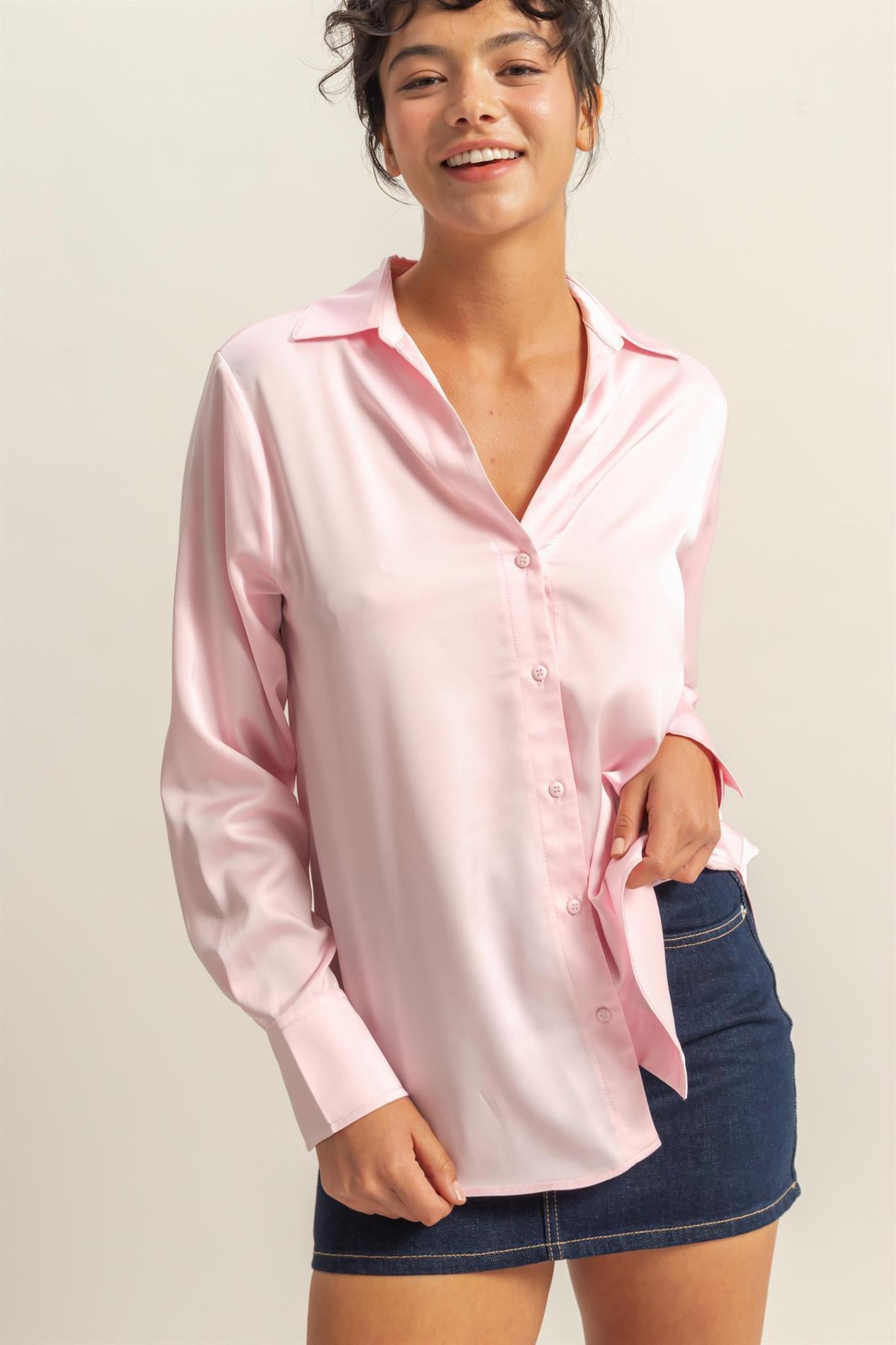 Button-Up Collared Satin Blouse