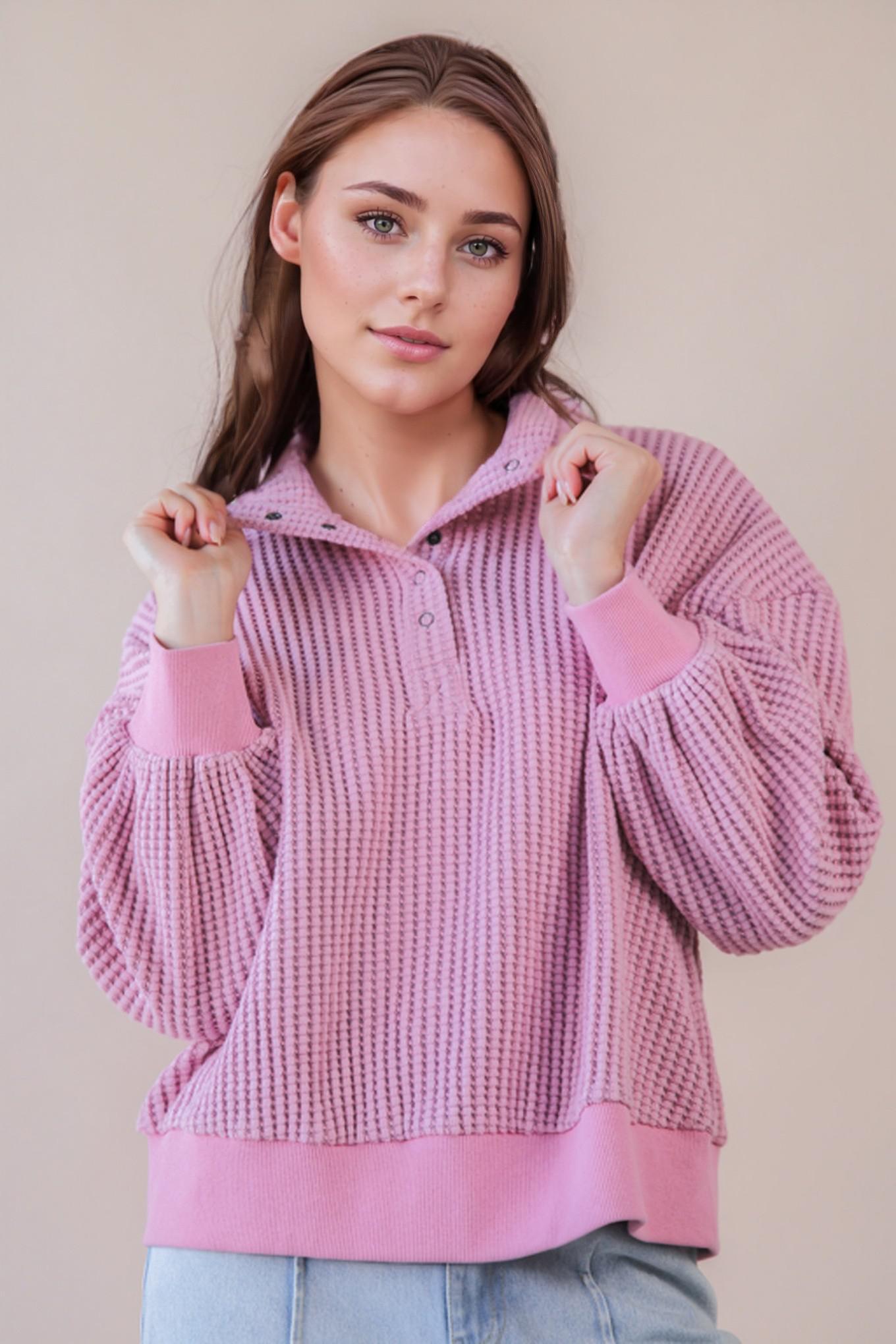 Oversized Half Button Waffle Knit Top