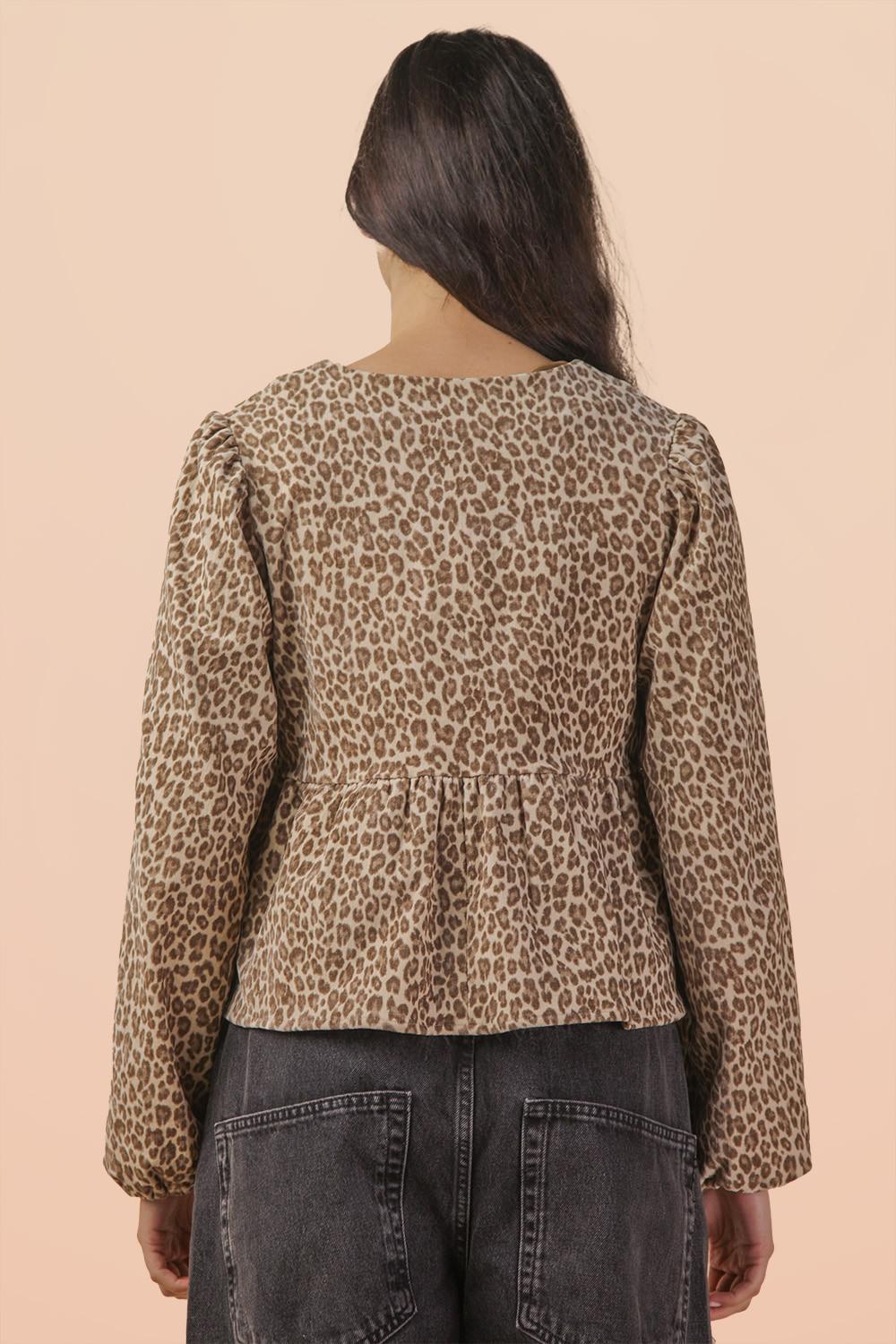 Leopard Printed Front Tie Woven Blouse Top