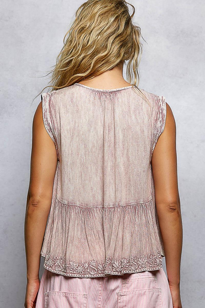 V-Neck Sleeveless Vintage Washing Solid Linen Woven Top