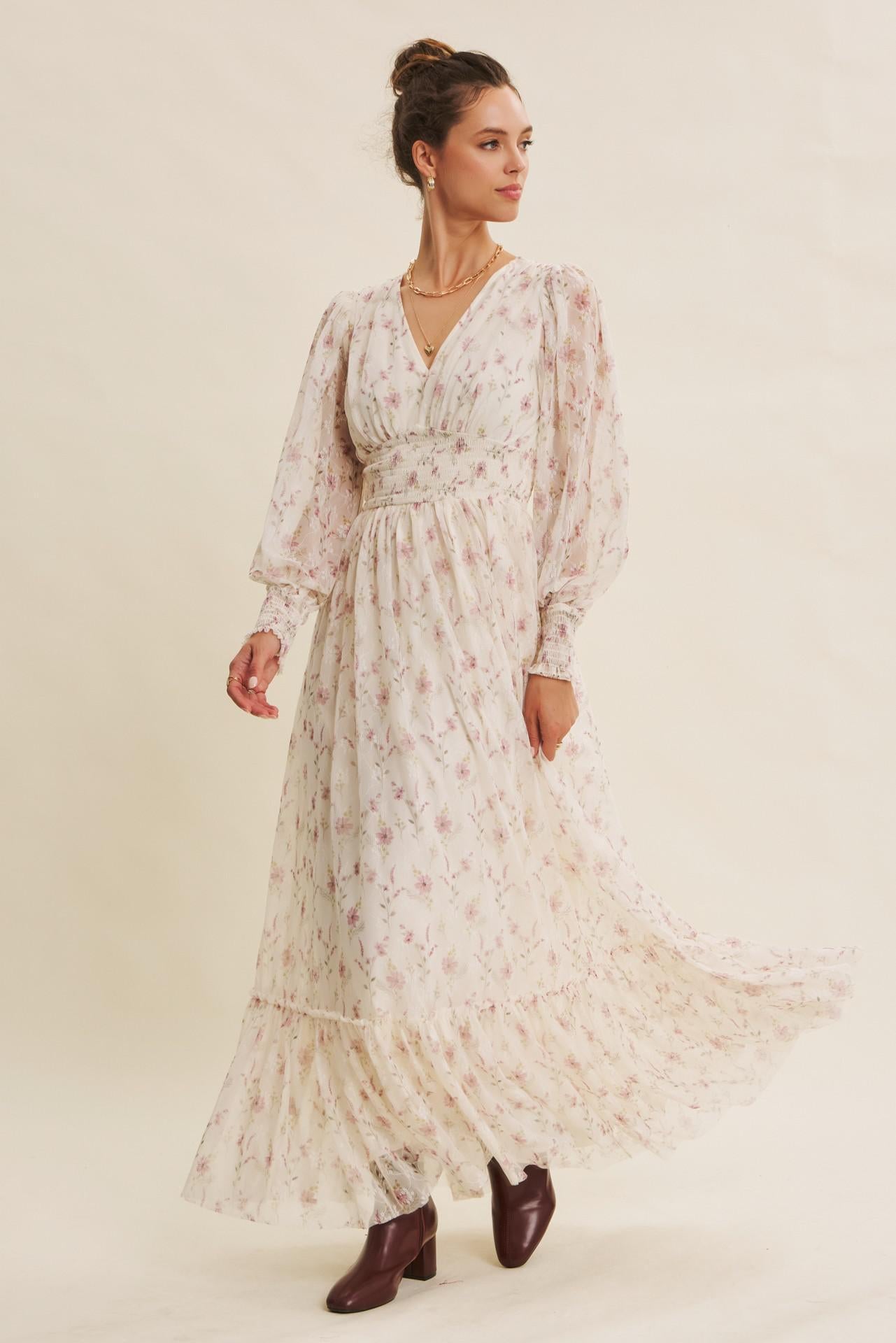 Dreamy Floral Mesh Maxi Dress With Smocked Waist