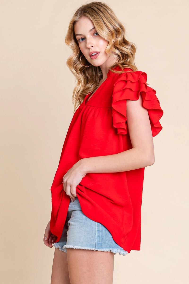 Red Airflow Ruffle Sleeve Blouse
