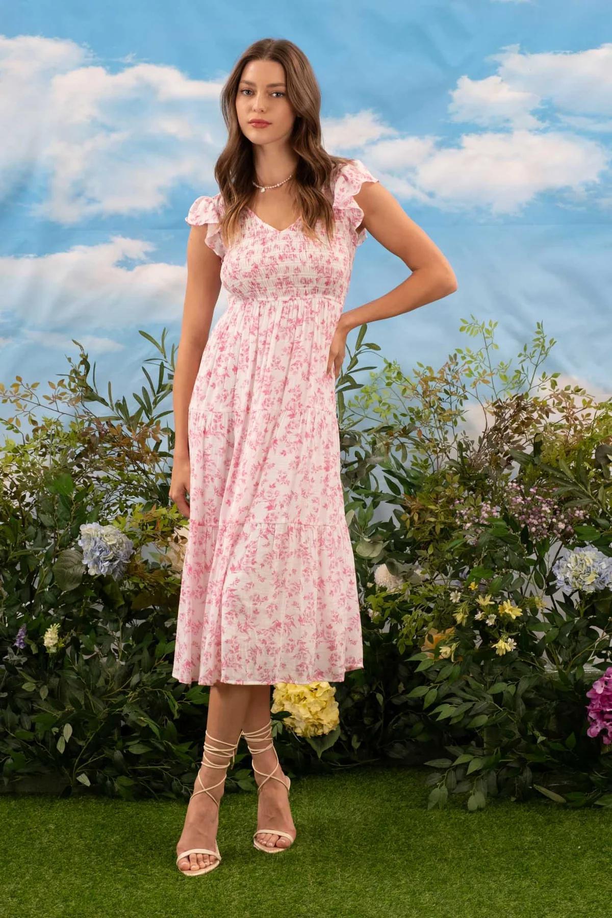 Floral Smocked Short Sleeve Midi Dress