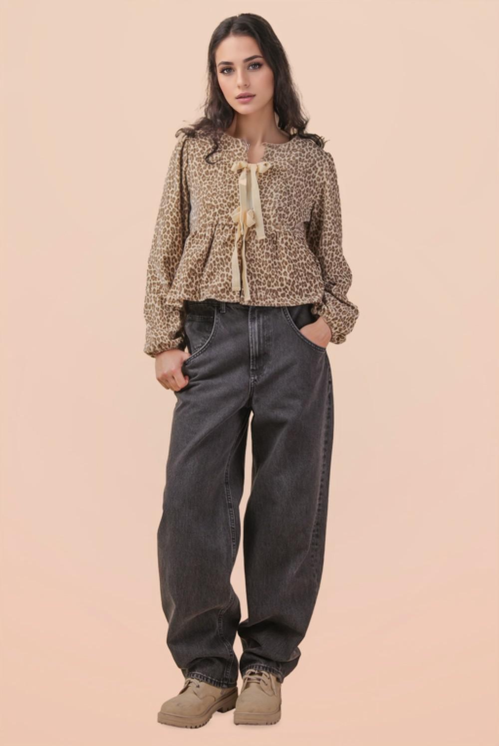 Leopard Printed Front Tie Woven Blouse Top