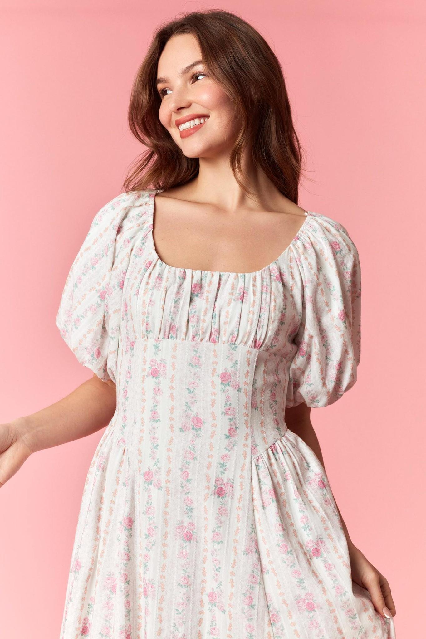Striped Floral Bubble Sleeve Pleat Detail Dress