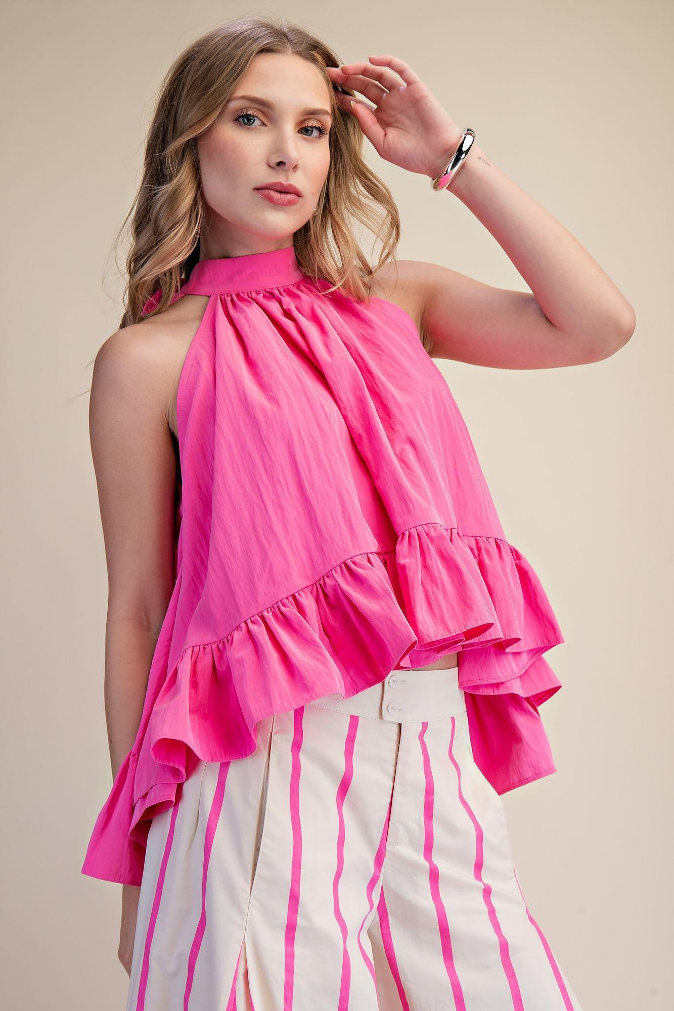 Pink Halter Neck Sleeveless Ruffle Top