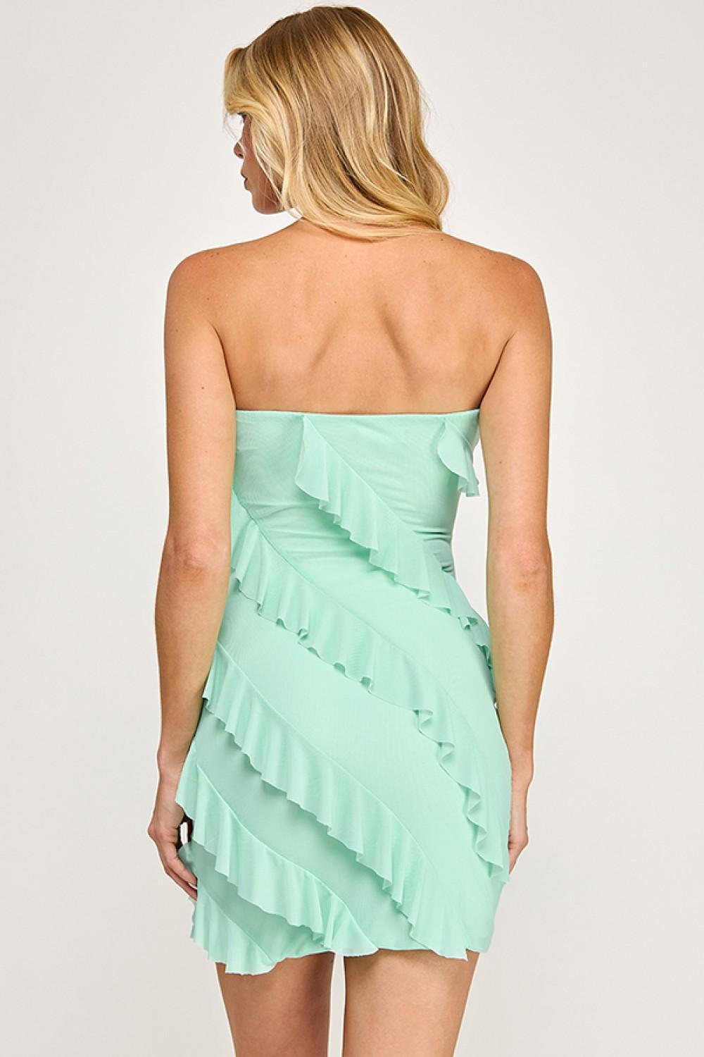Mint Ruffle Strapless Tube Mini Dress