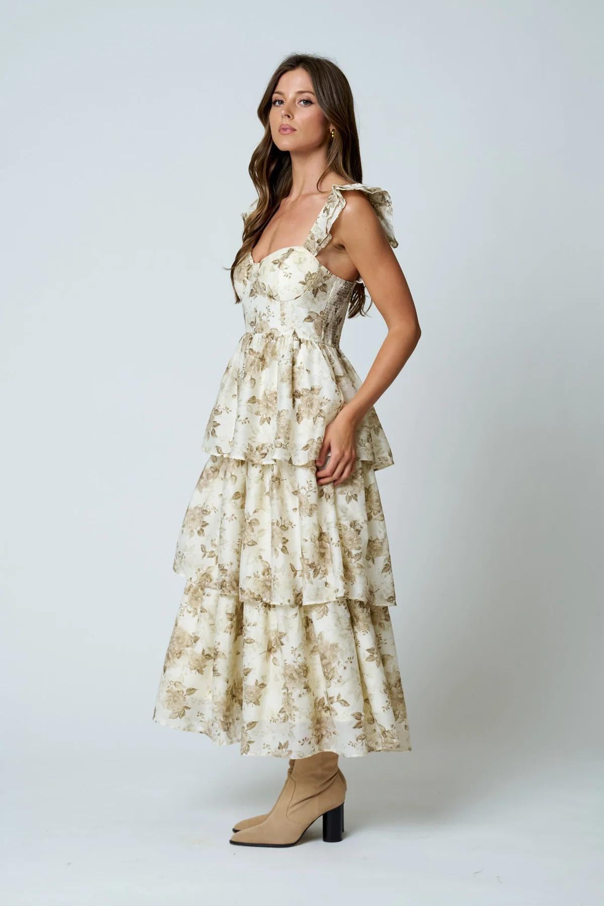 KHAKI FLORAL PRINT RUFFLE TIERED SPAGHETTI MIDI DRESS