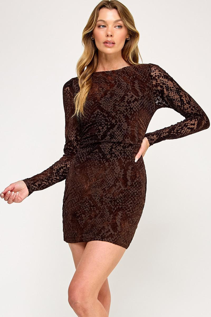 Dark Brown Mesh Long Sleeve Mini Dress