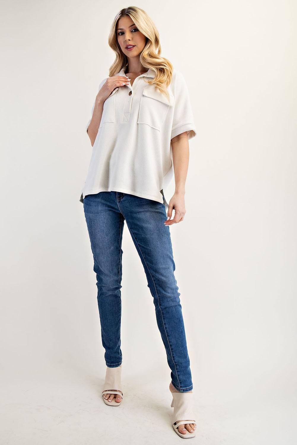 Plus Waffle Solid Color Top with Front Pockets