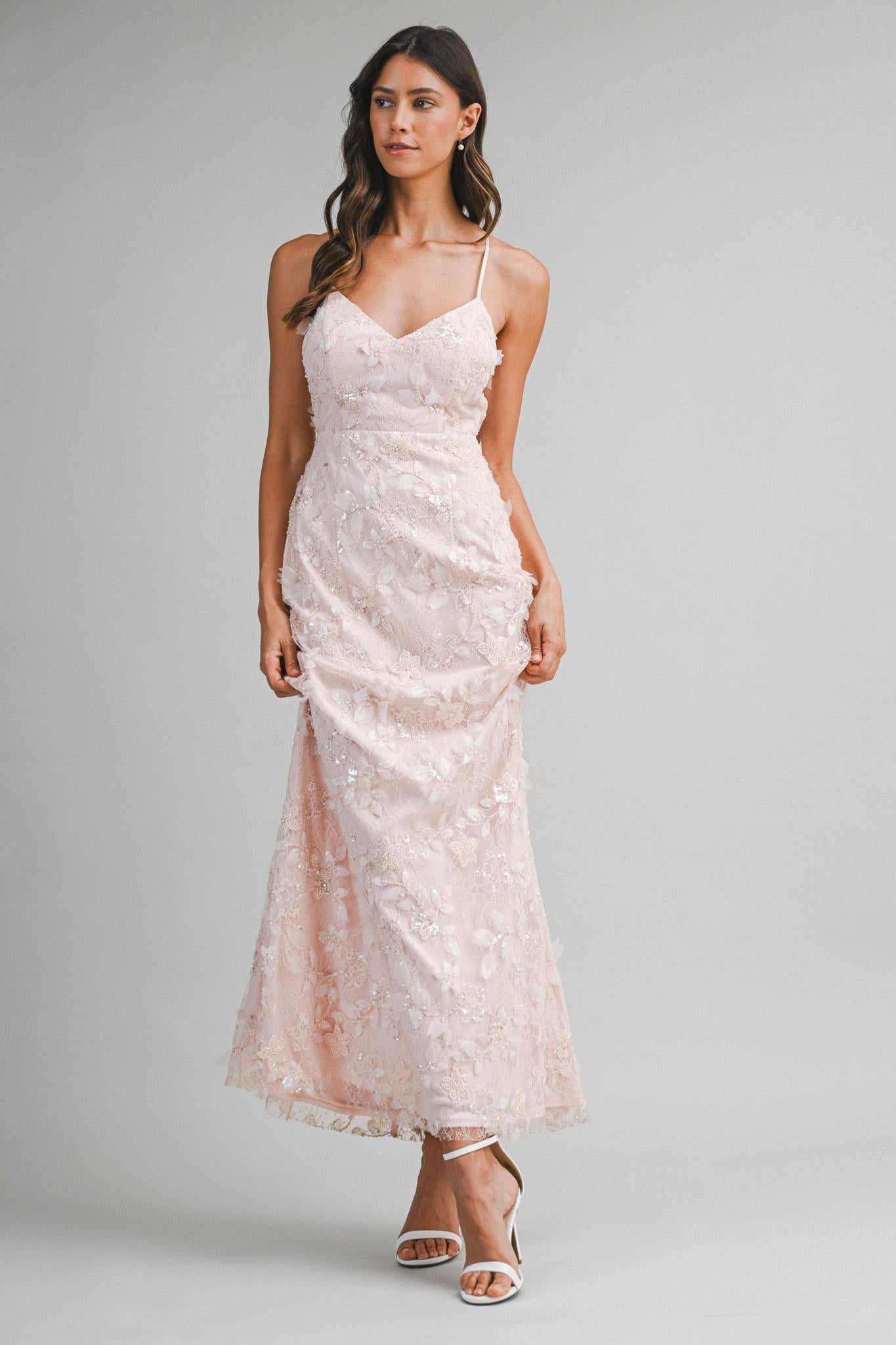 Embellished Lace Floral Applique Maxi Dress