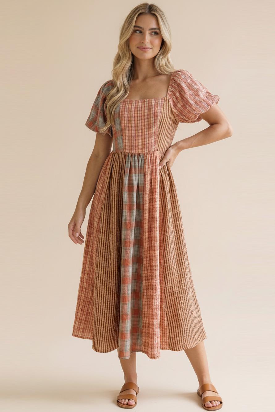 Square Neck Stripe Plaid Check Color Block Dress