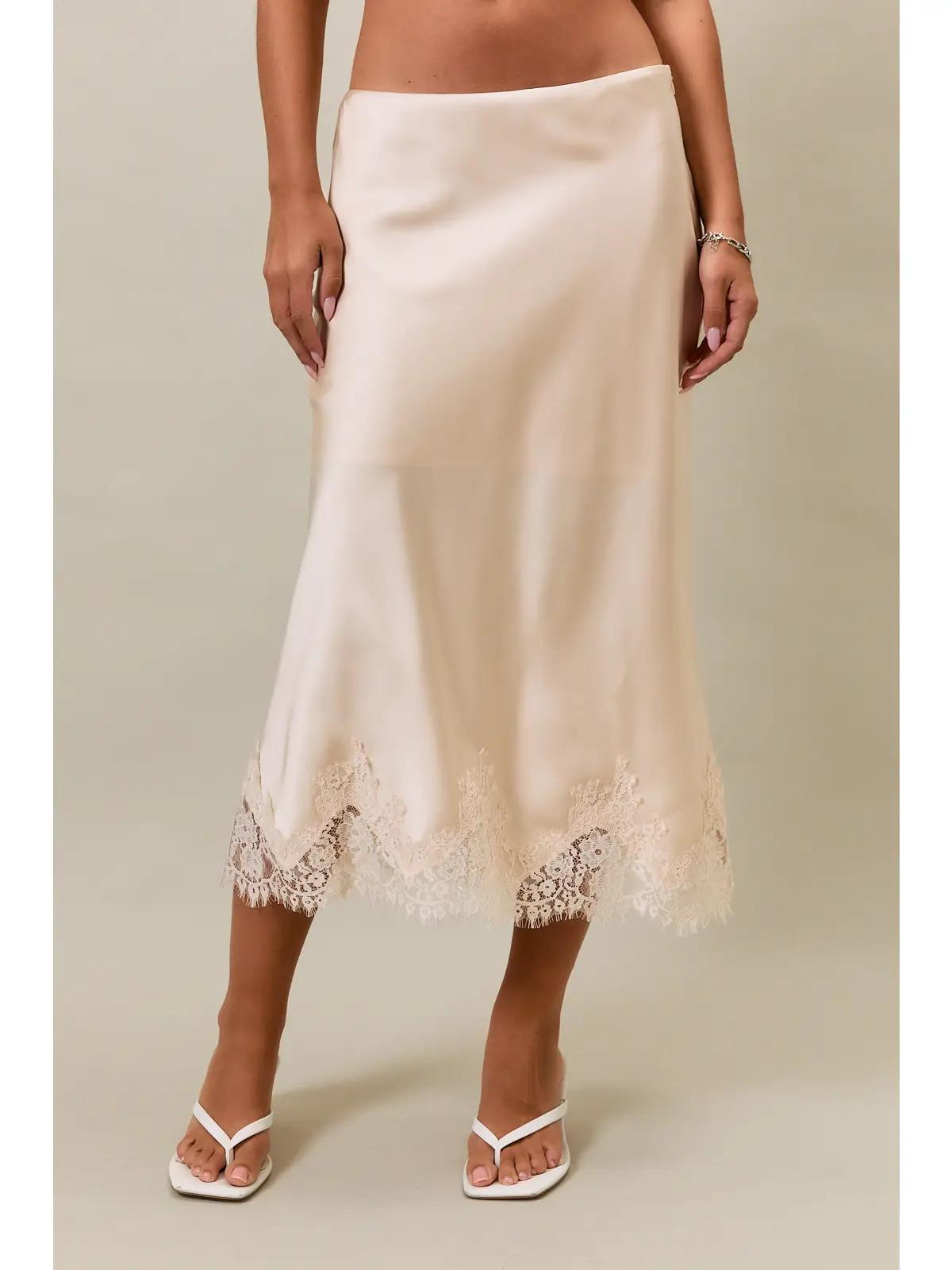 Cream Lace Trim Bias Cut Midi Skirt