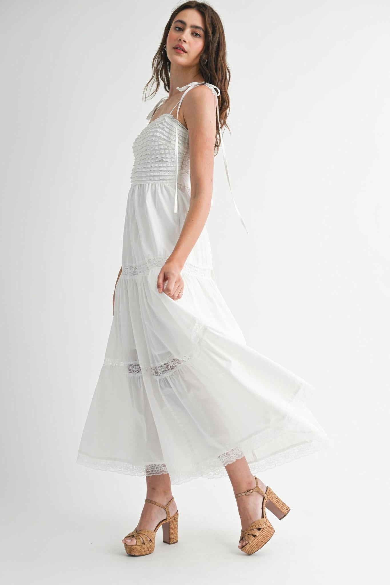 Ruffle Textured Self Tie Lace Trim Midi Dress